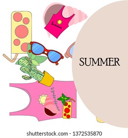 Summer card with cactus, sunglasses, seashell, cocktail, T-shirt. Vector background.