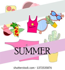 Summer card with cactus, sunglasses, seashell, cocktail, T-shirt. Vector background.
