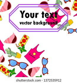 Summer card with cactus, sunglasses, seashell, cocktail, T-shirt. Vector background.