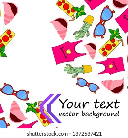 Summer card with cactus, sunglasses, seashell, cocktail, T-shirt. Vector background.