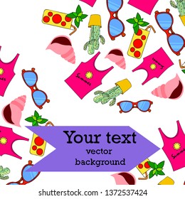 Summer card with cactus, sunglasses, seashell, cocktail, T-shirt. Vector background.