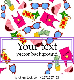 Summer card with cactus, sunglasses, seashell, cocktail, T-shirt. Vector background.