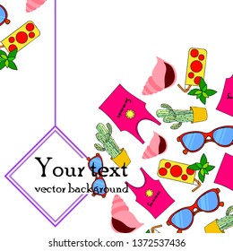 Summer card with cactus, sunglasses, seashell, cocktail, T-shirt. Vector background.