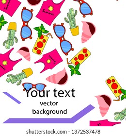 Summer card with cactus, sunglasses, seashell, cocktail, T-shirt. Vector background.