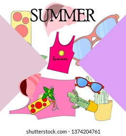 Summer card with cactus, sunglasses, seashell, cocktail, T-shirt. Vector background.