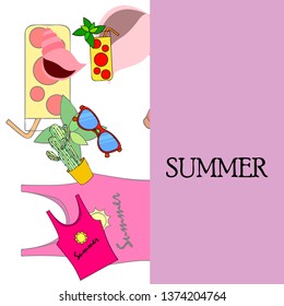 Summer card with cactus, sunglasses, seashell, cocktail, T-shirt. Vector background.