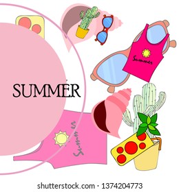 Summer card with cactus, sunglasses, seashell, cocktail, T-shirt. Vector background.