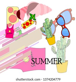 Summer card with cactus, sunglasses, seashell, cocktail, T-shirt. Vector background.