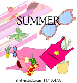Summer card with cactus, sunglasses, seashell, cocktail, T-shirt. Vector background.
