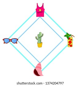 Summer card with cactus, sunglasses, seashell, cocktail, T-shirt. Vector background.