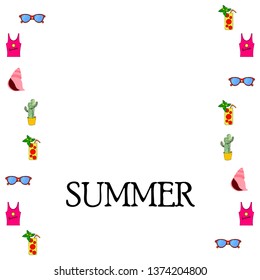 Summer card with cactus, sunglasses, seashell, cocktail, T-shirt. Vector background.