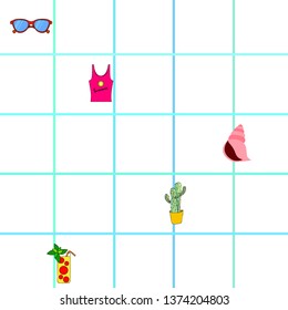Summer card with cactus, sunglasses, seashell, cocktail, T-shirt. Vector background.