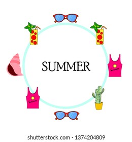 Summer card with cactus, sunglasses, seashell, cocktail, T-shirt. Vector background.