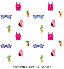 Summer card with cactus, sunglasses, seashell, cocktail, T-shirt. Vector background.