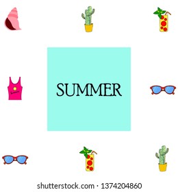 Summer card with cactus, sunglasses, seashell, cocktail, T-shirt. Vector background.