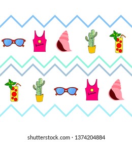 Summer card with cactus, sunglasses, seashell, cocktail, T-shirt. Vector background.