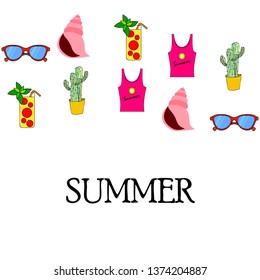 Summer card with cactus, sunglasses, seashell, cocktail, T-shirt. Vector background.
