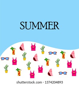 Summer card with cactus, sunglasses, seashell, cocktail, T-shirt. Vector background.