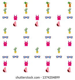 Summer card with cactus, sunglasses, seashell, cocktail, T-shirt. Vector background.