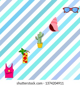 Summer card with cactus, sunglasses, seashell, cocktail, T-shirt. Vector background.