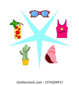Summer card with cactus, sunglasses, seashell, cocktail, T-shirt. Vector background.