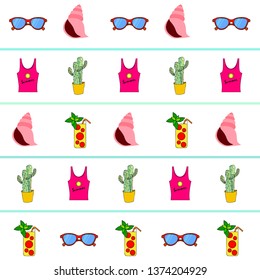 Summer card with cactus, sunglasses, seashell, cocktail, T-shirt. Vector background.