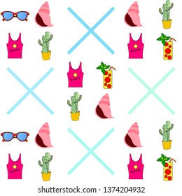 Summer card with cactus, sunglasses, seashell, cocktail, T-shirt. Vector background.