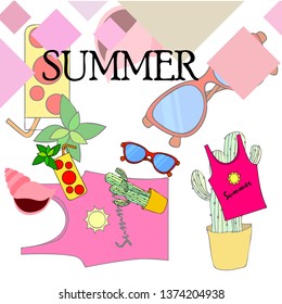 Summer card with cactus, sunglasses, seashell, cocktail, T-shirt. Vector background.