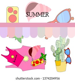 Summer card with cactus, sunglasses, seashell, cocktail, T-shirt. Vector background.