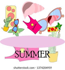 Summer card with cactus, sunglasses, seashell, cocktail, T-shirt. Vector background.