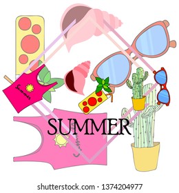 Summer card with cactus, sunglasses, seashell, cocktail, T-shirt. Vector background.