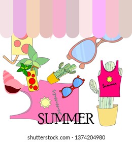 Summer card with cactus, sunglasses, seashell, cocktail, T-shirt. Vector background.