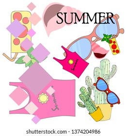 Summer card with cactus, sunglasses, seashell, cocktail, T-shirt. Vector background.