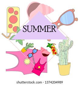 Summer card with cactus, sunglasses, seashell, cocktail, T-shirt. Vector background.