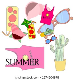 Summer card with cactus, sunglasses, seashell, cocktail, T-shirt. Vector background.