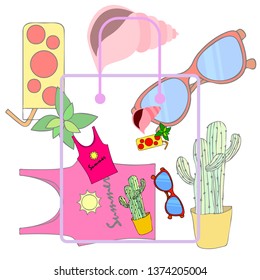 Summer card with cactus, sunglasses, seashell, cocktail, T-shirt. Vector background.