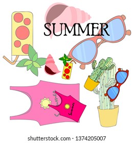 Summer card with cactus, sunglasses, seashell, cocktail, T-shirt. Vector background.