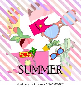 Summer card with cactus, sunglasses, seashell, cocktail, T-shirt. Vector background.