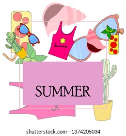 Summer card with cactus, sunglasses, seashell, cocktail, T-shirt. Vector background.