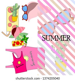 Summer card with cactus, sunglasses, seashell, cocktail, T-shirt. Vector background.