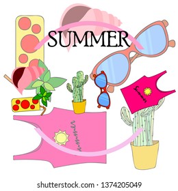 Summer card with cactus, sunglasses, seashell, cocktail, T-shirt. Vector background.