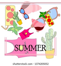 Summer card with cactus, sunglasses, seashell, cocktail, T-shirt. Vector background.