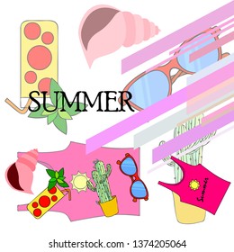 Summer card with cactus, sunglasses, seashell, cocktail, T-shirt. Vector background.