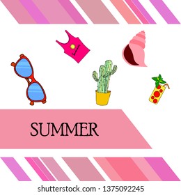 Summer card with cactus, sunglasses, seashell, cocktail, T-shirt. Vector background.