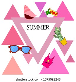 Summer card with cactus, sunglasses, seashell, cocktail, T-shirt. Vector background.
