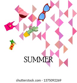 Summer card with cactus, sunglasses, seashell, cocktail, T-shirt. Vector background.