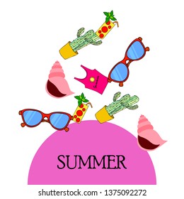 Summer card with cactus, sunglasses, seashell, cocktail, T-shirt. Vector background.