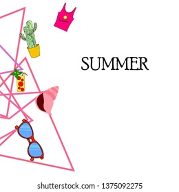 Summer card with cactus, sunglasses, seashell, cocktail, T-shirt. Vector background.