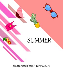 Summer card with cactus, sunglasses, seashell, cocktail, T-shirt. Vector background.