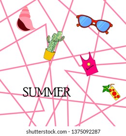 Summer card with cactus, sunglasses, seashell, cocktail, T-shirt. Vector background.